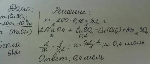 Вычисли количество гидроксида натрия, вступившего в реакцию с 200г 16%-ного раствора сульфата меди(i