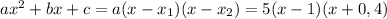 ax^2+bx+c=a(x-x_1)(x-x_2)=5(x-1)(x+0,4)