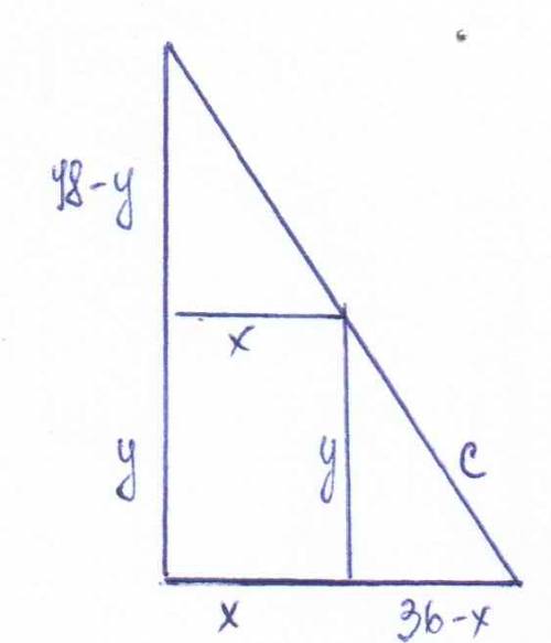 Впрямоугольном треугольнике с катетами 36 и 48 на гипотенузе взята точка. из нее проведены прямые, п