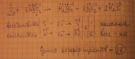 Надо 1) уравнении окислительно-восстановительной реакции: s + hno3 → h2so4 + no2 + h2o сумма всех ко