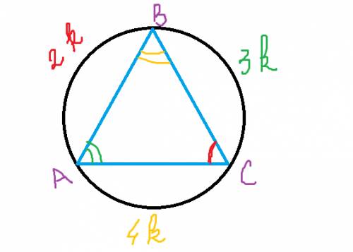 Вершины треугольника авс лежат на окружности и делят ее на дуги пропорциональные 2, 3 и 4 найти углы