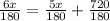 \frac{6x}{180}=\frac{5x}{180}+\frac{720}{180}