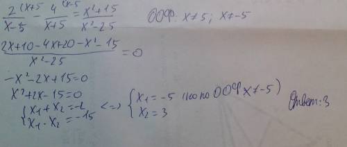 :решить уравнение 2 ( дробная черта ) внизу х-5 - 4 (дробная черта) внизу х+5 = х в квадрате + 15 (д