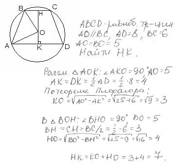 Основания равнобедренной трапеции равны 8 и 6. радиус описанной окружности равен 5. найти высоту тра