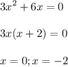 \displaystyle 3x^2+6x=0\\\\3x(x+2)=0\\\\x=0; x=-2