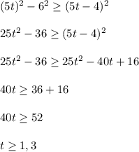 (5t)^2-6^2\geq (5t-4)^2\\\\25t^2-36\geq (5t-4)^2\\\\25t^2-36\geq 25t^2-40t+16\\\\40t\geq36+16\\\\40t\geq52\\\\t\geq 1,3