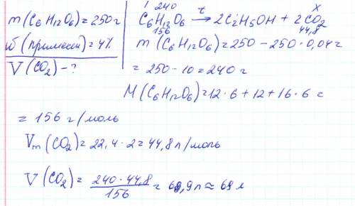 Какой объем углекислого газа н.у, образуется при спиртовом брожении глюкозы, маса=250г, содержащий 4