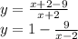 y=\frac{x+2-9}{x+2} \\ y=1-\frac{9}{x-2} \\