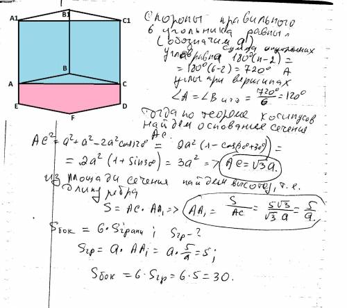 Площадь наименьшего диагонального сечения правильной шестиугольной призмы равна 5 корней из 3. тогда