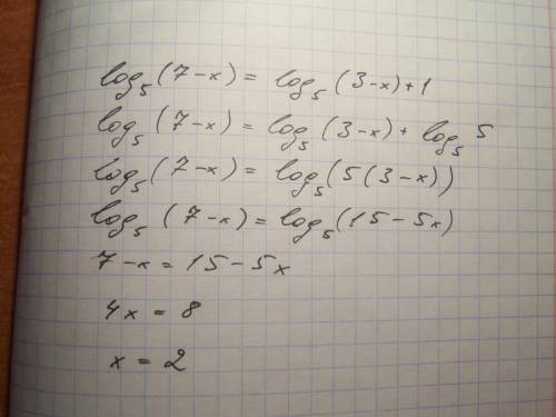 Log (7-x) по основанию 5 = log (3-x)+1 по основанию 5