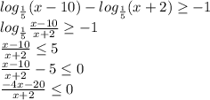 log_{\frac{1}{5}}(x-10)-log_{\frac{1}{5}}(x+2)\geq-1\\log_{\frac{1}{5}}\frac{x-10}{x+2}\geq-1\\\frac{x-10}{x+2}\leq5\\\frac{x-10}{x+2}-5\leq0\\\frac{-4x-20}{x+2}\leq0