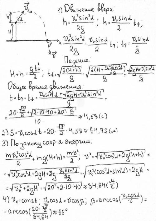 Сбашни высотой н = 40 м брошено тело со скоростью v0 = 20 м/с под углом α = 45° к горизонту. пренебр