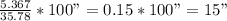 \frac{5.367}{35.78}*100"=0.15*100"=15"