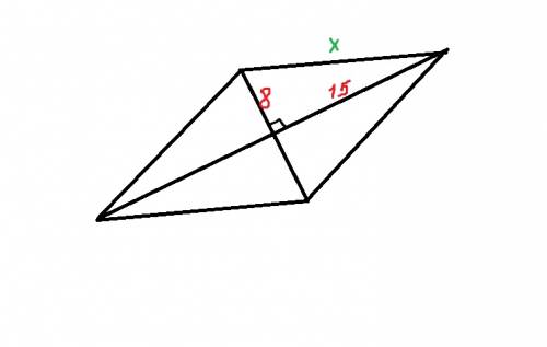 Диагонали ромба равны 16 и 30. найдите длину стороны ромба.