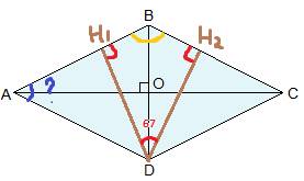 Угол между двумя высотами ромба, проведенными из вершины тупого угла равен 67 градусов.найдите остры