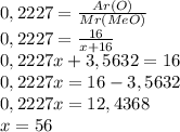 0,2227=\frac{Ar(O)}{Mr(MeO)}\\0,2227=\frac{16}{x+16}\\0,2227x+3,5632=16\\0,2227x=16-3,5632\\0,2227x=12,4368\\x=56