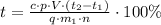 t = \frac{c \cdot p \cdot V \cdot (t_{2}-t_{1})}{q \cdot m_{1} \cdot n} \cdot 100\%