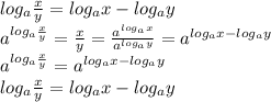 log_a\frac{x}{y}=log_ax-log_ay\\a^{log_a\frac{x}{y}}=\frac{x}{y}=\frac{a^{log_ax}}{a^{log_ay}}=a^{log_ax-log_ay}\\a^{log_a\frac{x}{y}}=a^{log_ax-log_ay}\\log_a\frac{x}{y}=log_ax-log_ay