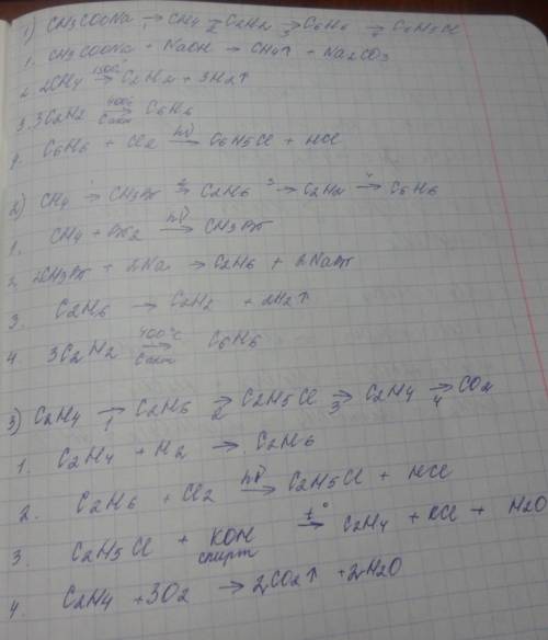 Составьте уравнения реакций по заданной схеме 1) ch3coona → ch4 → c2h2 → c6h6 → c6h5cl 2) ch4→ ch3br