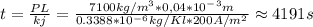 t=\frac{PL}{kj} =\frac{7100kg/m^3*0,04*10^-^3m}{0.3388*10^-^6kg/Kl*200A/m^2} \approx 4191s