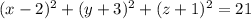 (x-2)^{2}+(y+3)^{2}+(z+1)^{2}=21