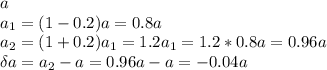 a \\\ a_1=(1-0.2)a=0.8a \\\ a_2=(1+0.2)a_1=1.2a_1=1.2*0.8a=0.96a \\\ \delta a=a_2-a=0.96a-a=-0.04a