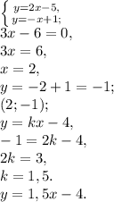 \left \{ {{y=2x-5,} \atop {y=-x+1;}} \right. \\ 3x-6=0, \\ 3x=6, \\ x=2, \\ y=-2+1=-1; \\ (2;-1);\\ y=kx-4, \\ -1=2k-4, \\ 2k=3, \\ k=1,5. \\ y=1,5x-4.