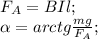 F_A=BIl;\\ \alpha=arctg\frac{mg}{F_A};