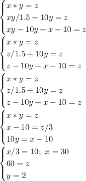 \begin{cases} x*y=z\\xy/1.5+10y=z\\xy-10y+x-10=z\end{cases}\\ \begin{cases} x*y=z\\z/1.5+10y=z\\z-10y+x-10=z\end{cases}\\ \begin{cases} x*y=z\\z/1.5+10y=z\\z-10y+x-10=z\end{cases}\\ \begin{cases} x*y=z\\x-10=z/3\\10y=x-10\end{cases}\\ \begin{cases} x/3=10;\ x=30\\60=z\\y=2\end{cases}\\