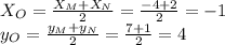 X_O=\frac{X_M+X_N}{2}=\frac{-4+2}{2}=-1\\&#10;y_O=\frac{y_M+y_N}{2}=\frac{7+1}{2}=4