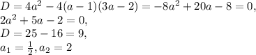 D=4a^{2}-4(a-1)(3a-2)=-8a^{2}+20a-8=0 , \\2a^{2}+5a-2=0 ,\\D=25-16=9 , \\a_1=\frac{1}{2}, a_2=2