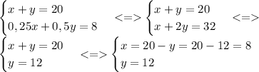 \begin{cases} x+y=20 \\ 0,25x+0,5y=8 \end{cases} \begin{cases} x+y=20 \\ x+2y=32 \end{cases} \\&#10;\begin{cases} x+y=20 \\ y=12 \end{cases} \begin{cases} x=20-y=20-12=8 \\ y=12 \end{cases}