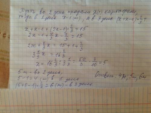 За 3 дня продали 15 тонн картофеля. в 1ый день продали на 1 тонну меньше чем во второй, а в 3ий день