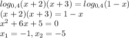 log_{0,4}(x+2)(x+3)=log_{0,4}(1-x) \\ (x+2)(x+3)=1-x \\ x^{2} +6x+5=0 \\ x_1=-1 , x_2=-5