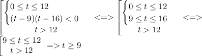 \left[ \begin{matrix} \begin{cases} 0 \leq t \leq 12 \\ (t-9)(t-16)<0 \end{cases} \\ t 12 \end{matrix}\right\ <=&#10;\left[ \begin{matrix} \begin{cases} 0 \leq t \leq 12 \\ 9 \leq t \leq 16 \end{cases} \\ t12 \end{matrix}\right\ &#10;<=\\&#10;\left[ \begin{matrix} 9 \leq t \leq 12 \\ t 12 \end{matrix}\right\ &#10;= t \geq 9