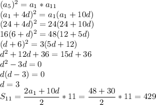 (a_5)^2=a_1*a_{11}\\&#10;(a_1+4d)^2=a_1(a_1+10d)\\&#10;(24+4d)^2=24(24+10d)\\&#10;16(6+d)^2=48(12+5d)\\&#10;(d+6)^2=3(5d+12)\\&#10;d^2+12d+36=15d+36\\&#10;d^2-3d=0\\&#10;d(d-3)=0\\&#10;d=3\\&#10;S_{11}=\dfrac{2a_1+10d}{2}*11=\dfrac{48+30}{2}*11=429