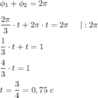 \phi_1+\phi_2=2\pi \\ \\ \dfrac{2\pi }{3} \cdot t + 2\pi \cdot t = 2\pi~~~~|:2\pi \\ \\ \dfrac{1}{3} \cdot t + t = 1\\ \\ \dfrac{4}{3} \cdot t = 1\\ \\ t=\dfrac{3}{4}=0,75~c