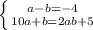 \left \{ {{a-b=-4} \atop {10a+b=2ab+5}} \right.