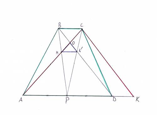 Втрапеции abcd основание ad в 4 раза больше основания bc, а площадь трапеции равна 50. точка о - точ