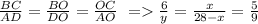 \frac{BC}{AD}=\frac{BO}{DO}=\frac{OC}{AO}\ = \frac{6}{y}=\frac{x}{28-x}=\frac{5}{9}