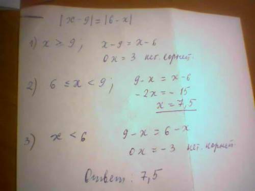 Решите уравнение с модулем: │x-9=│6-x│