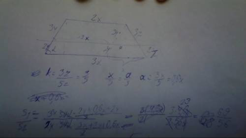 Основания трапеции относятся как 2 : 3. прямая, параллельная основаниям трапеции, делит ее боковую с