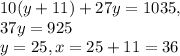 10(y+11)+27y=1035,\\37y=925\\y=25, x=25+11=36