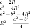 c=2R\\c^2=4R^2\\a^2+b^2=4R^2\\R^2=\cfrac{a^2+b^2}{4}