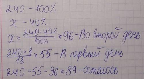 Вкниге 240 страниц.в первый день было прочитано 3/13 всех страниц, а во второй день -40% оставшихся
