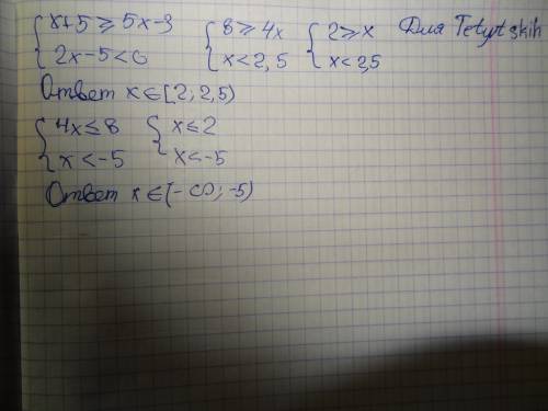 Решить систему неравенств: 1) { x+5≥5x-3 2x-5< 0 2) { 4x≤8 x< -5 не знаю как правильно записат