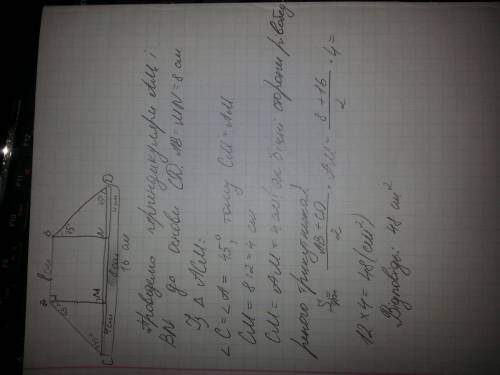 Основи рівнобічної трапеції 8 см і 16 см, а гострі кути по 45 градусів.знайти площі трапеції
