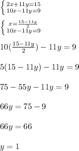 \left \{ {{2x+11y=15} \atop {10x-11y=9}} \right.&#10;\\\\\left \{ {{x=\frac{15-11y}{2}} \atop {10x-11y=9}} \right.&#10;\\\\10(\frac{15-11y}{2})-11y=9&#10;\\\\5(15-11y)-11y=9&#10;\\\\75-55y-11y=9&#10;\\\\66y=75-9&#10;\\\\66y=66&#10;\\\\y=1