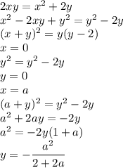 2xy=x^2+2y\\x^2-2xy+y^2=y^2-2y\\(x+y)^2=y(y-2)\\x=0\\y^2=y^2-2y\\y=0\\x=a\\(a+y)^2=y^2-2y\\a^2+2ay=-2y\\a^2=-2y(1+a)\\y=-\cfrac{a^2}{2+2a}