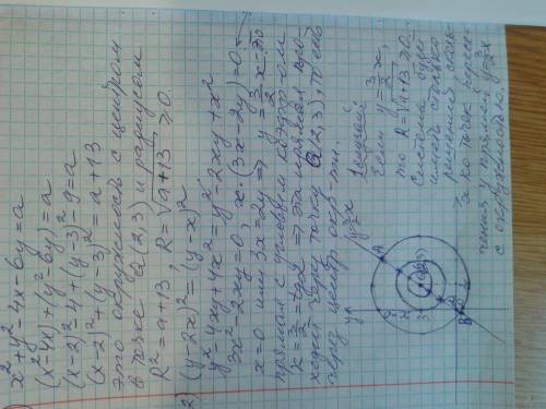 Сколько решений имеет система уравнений x^2+y^2-4x-6y=a, (y-2x)^2=(y-x)^2 в зависимости от значения